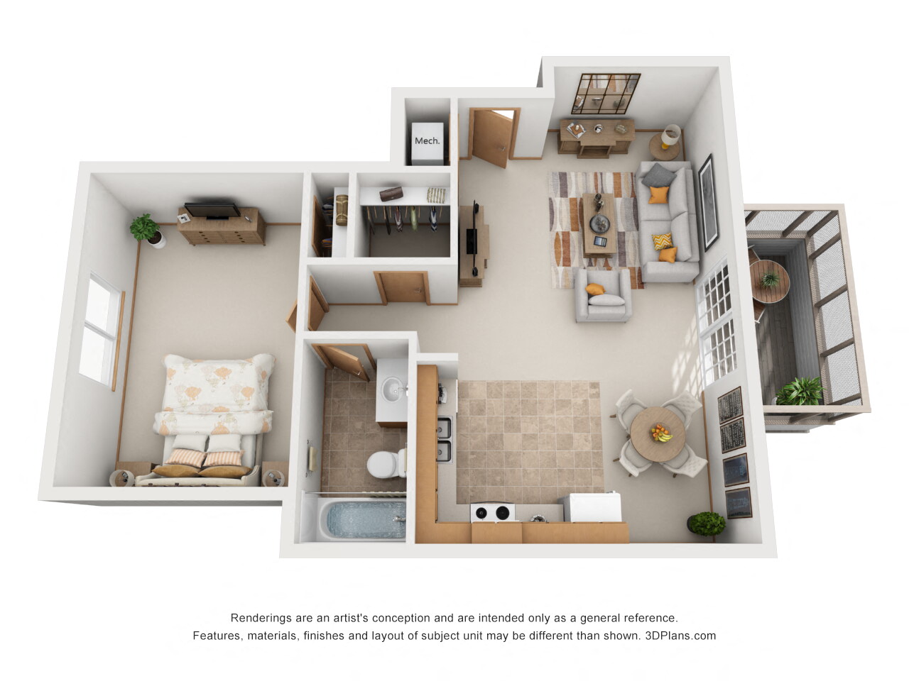Floor plan for 1 bed, 1 bath, 756 sqft